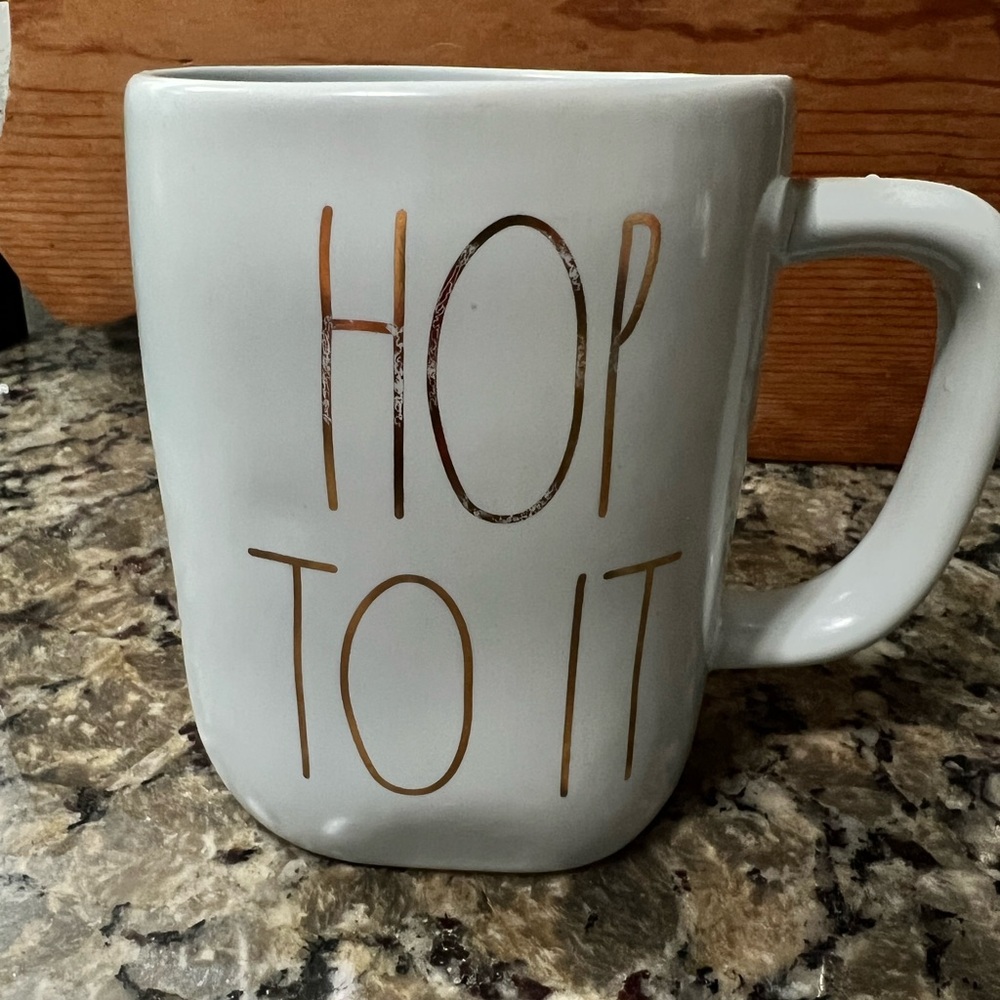 Rae Dunn White Mug with Gold 'HOP TO IT'
